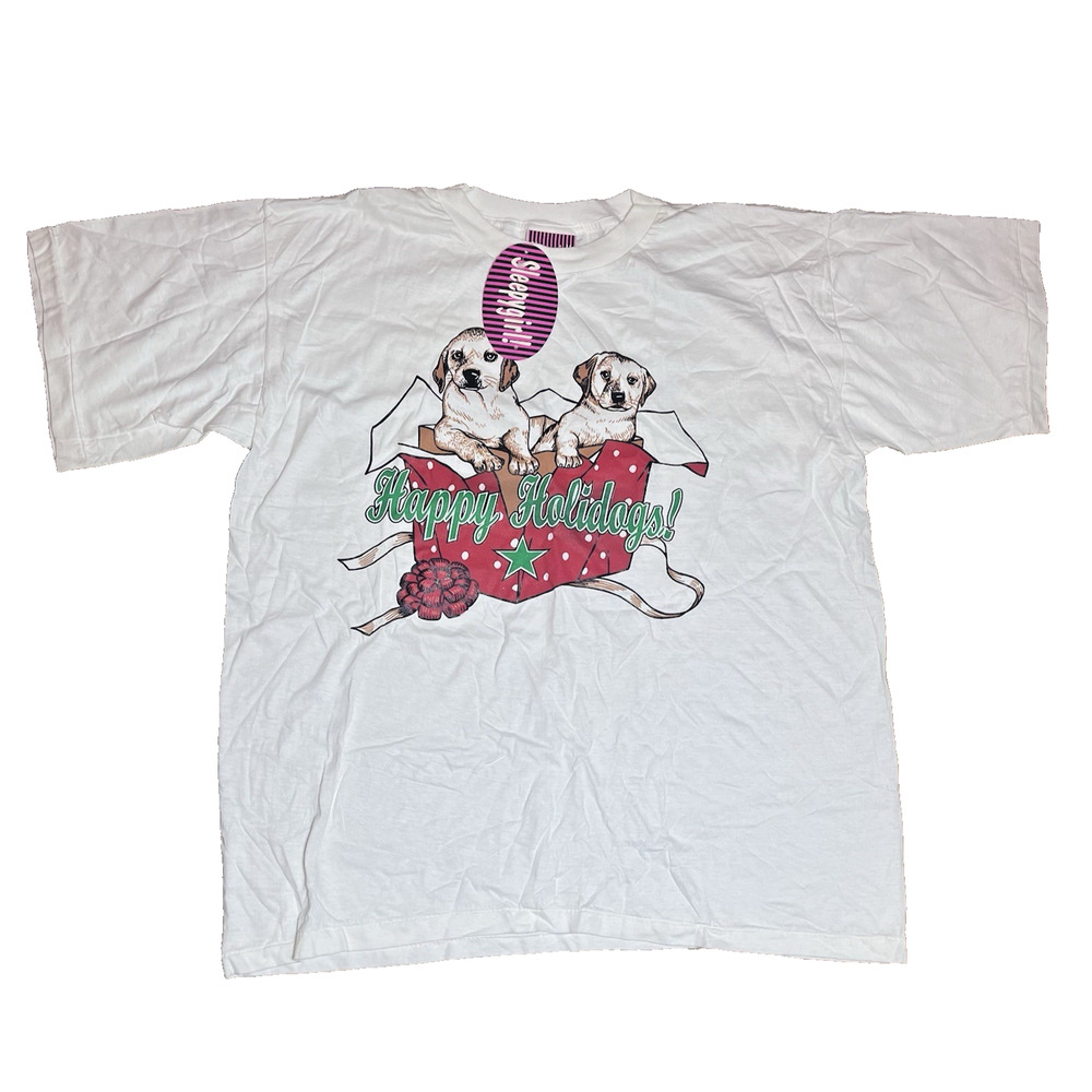 Vintage Sleepygirl Christmas Puppy T Shirt USA Cotton Single Stitch 90s L / XL
